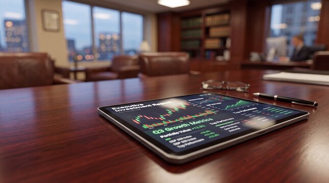 Digital Tablet Displaying Financial Stock Charts on Boardroom Desk