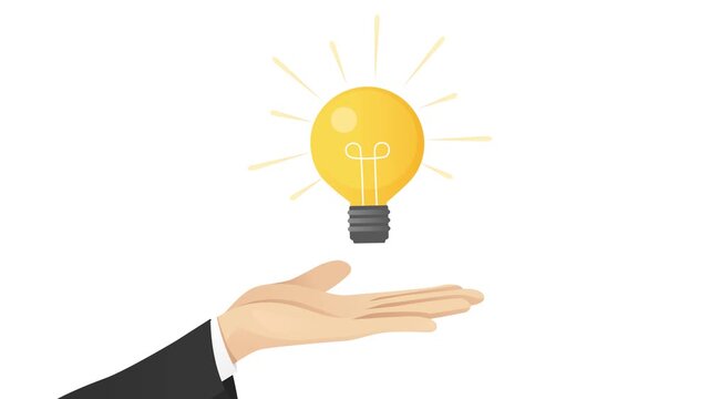 2D vector animation of a hand in a business suit on a white background. A question mark changes to a light bulb above the hand, symbolizing idea and solution.