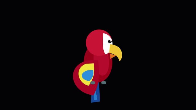 Vibrant red cartoon parrot in flat design, friendly expression, perched on a branch against black background, suitable for children's media and engaging visual content