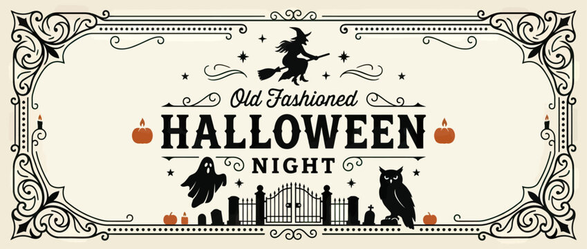 Vintage Halloween Night Banner with Witch Ghost Owl Pumpkins and Ornate Border