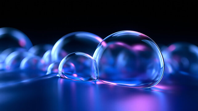 Transparent Neon Soap Bubbles on Dark Glossy Background