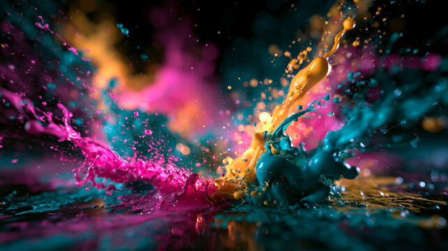 Colorful Paint Splash and Fluid Droplets Exploding on Dark Background