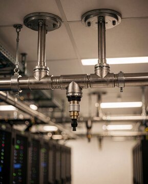 Industrial fire suppression sprinkler system installed in a modern secure data center room