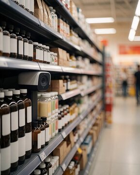 Modern security camera installed on a supermarket shelf monitoring inventory and products
