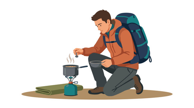 Male hiker with backpack cooking food on portable camping gas stove vector illustration isolated on white background