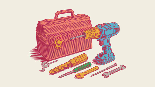Vintage style tool box and power drill vector illustration, retro hardware equipment set, carpentry and home repair tools