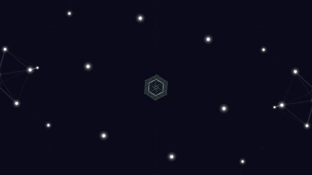 Abstract digital connection background featuring a glowing central hexagon emblem surrounded by interconnected constellation nodes and luminous starlight particles