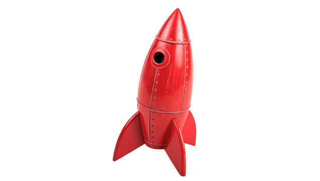 Bright red vintage plastic toy rocket standing ready for launch isolated on transparent background