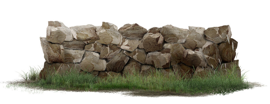 High-resolution rustic stone wall with natural grass, isolated on a clean white background, showing sharp rock texture and realistic details.