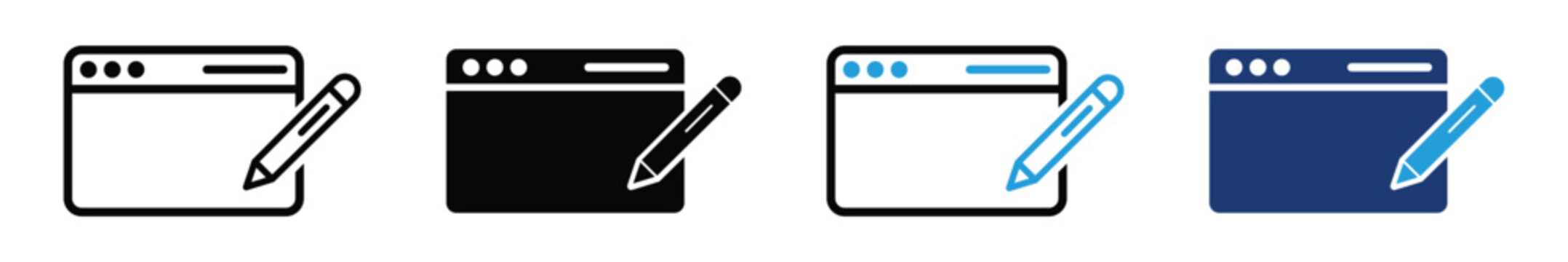 Website editor icon set featuring web page design, editing tools, browser interface, coding, and customization symbols in modern line and glyph vector styles.