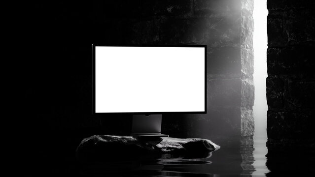 Desktop Monitor Mockup Floating Above Water with Cinematic Lighting 3d render