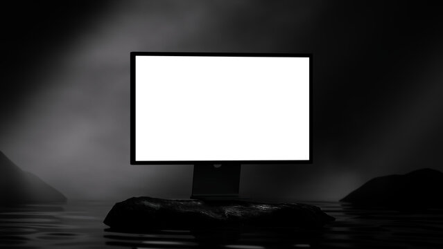 Desktop Monitor Mockup Floating Above Water with Cinematic Lighting 3d render