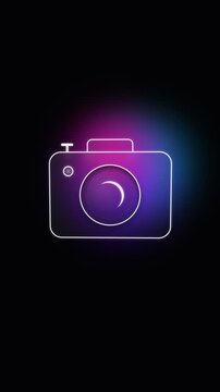 Stylized camera outline with vibrant purple and blue gradient on black background.