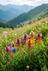 Fototapeta premium Biodiversity and environmental conservation, colorful wildflowers blooming in a mountain meadow with alpine landscape and summer nature scenery
