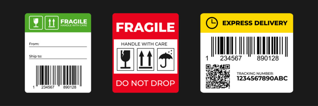 Shipping and Delivery Labels Set with Fragile, Handle with Care and Express Delivery Symbols