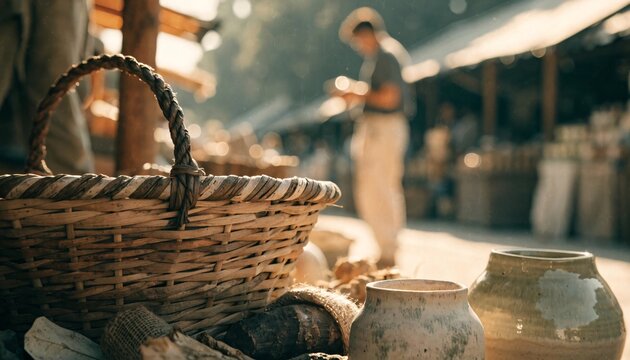 Rustic woven basket and handmade pottery displayed at a sunlit outdoor artisan market