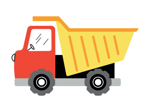 Yellow and red dump truck with large tipping bed and rugged wheels in flat design