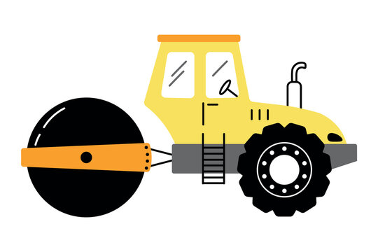 Yellow road roller compactor with large black drum and heavy wheel in simple flat design isolated on white background