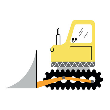 Yellow crawler bulldozer with large front blade and black tracks in simple flat design isolated on white background