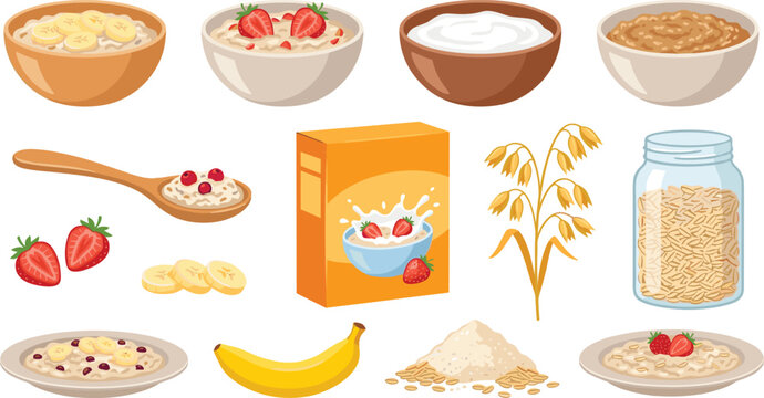 Healthy Oatmeal Breakfast Vector Set with Cereal Box, Rolled Oats Jar, Porridge Bowls, Bananas, and Fresh Strawberries for Nutritional Food Designs