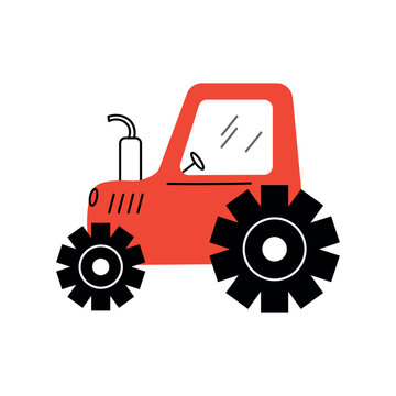 Red agricultural tractor with large black wheels and cabin in simple flat design isolated on white background