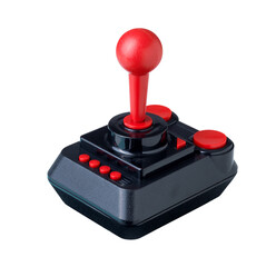 Vintage Red and Black Arcade Joystick Controller Perspective View Isolated on White © stokkete