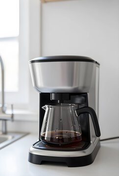 Morning routine and caffeine addiction, modern drip coffee maker brewing fresh hot coffee in a bright home kitchen for breakfast and daily energy