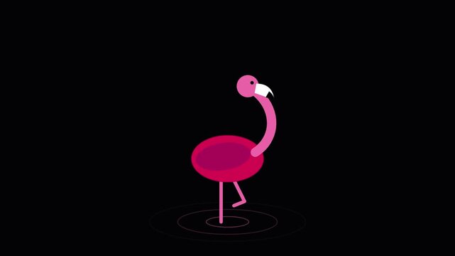 Minimalist stylized pink flamingo standing on one leg in water ripples isolated on black background vector art illustration