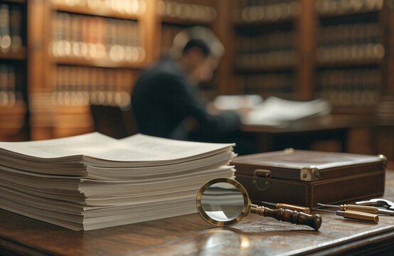 A magnifying glass and stack of documents resting on a desk in a blurred legal library