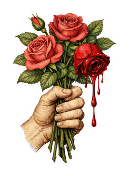 PNG Hand holding bleeding roses.
