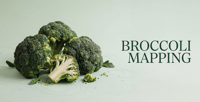 Fresh green broccoli heads arranged neatly on a light surface with typography text