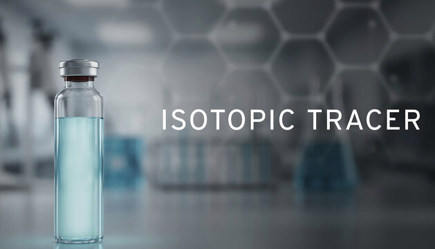 Glass vial filled with light blue liquid in a laboratory setting with isotopic tracer text