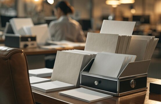 A neat metal desk organizer filled with professional paper documents in a dim office space