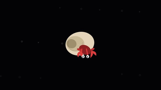Cute illustration of a little red hermit crab peeking out of its shell on a black background