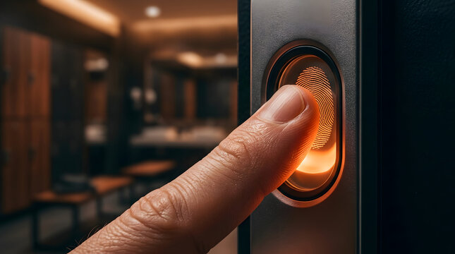 Hand pressing illuminated modern doorbell button in warmly lit luxury home entrance at night