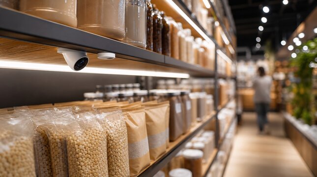 Modern security camera installed on a supermarket shelf monitoring inventory and products