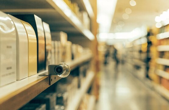 Modern security camera installed on a supermarket shelf monitoring inventory and products