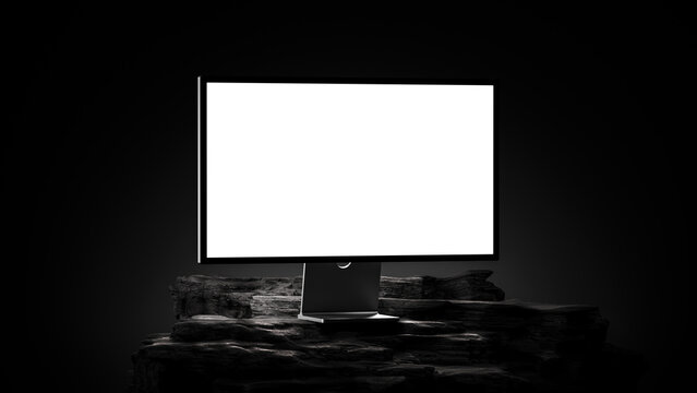 Dark minimalist desktop monitor mockup on black stone pedestal in moody studio lighting