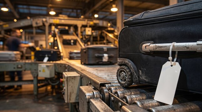 Black suitcase with a blank tag on a metal conveyor belt at an airport luggage terminal