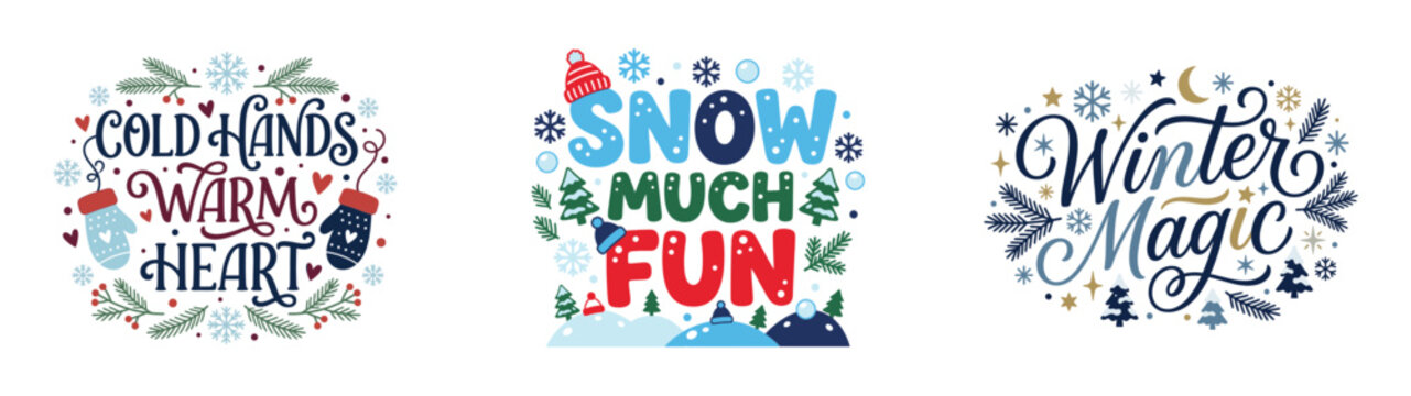 Three winter themed typographic posters with inspirational phrases and abstract backgrounds.  Firstday of Winter greeting typography vector design.