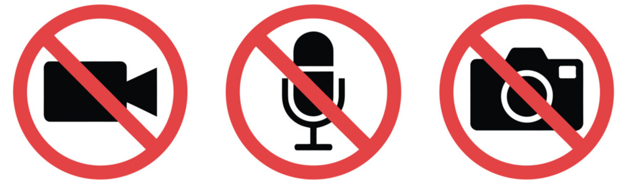 No recording icon set. Prohibition symbols for media capture. Simple pictograms for no video recording, no audio recording, no photography, copyright protection, privacy regulation, 