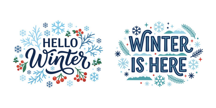 Festive winter greetings with hand lettering and delicate snowflake illustrations. Winter greeting vector design.