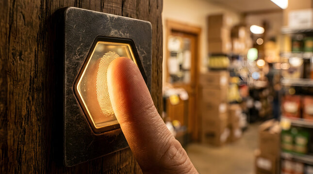 Hand pressing modern illuminated doorbell button in upscale retail store entrance