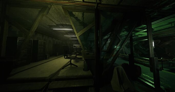 shadowed plant walkway with hanging cables and scattered crates, industrial noir vibe, mossy stains and dripping ceiling hint long abandonment, pathway invites