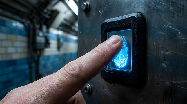 Hand pressing illuminated blue emergency button on public transport for immediate assistance