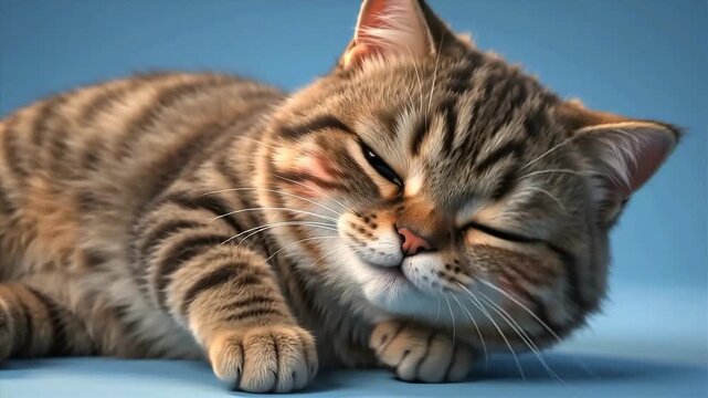 Adorable Chubby 3D Animated Cat Sleeping on Pastel Blue Background | Merry Christmas and Happy New Year