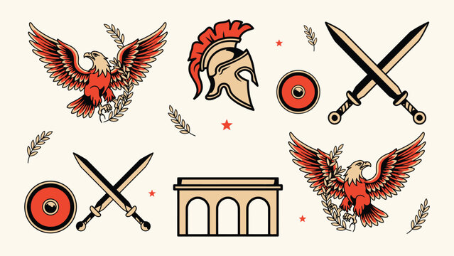 Vintage tattoo flash sheet with roman helmet eagles swords architecture illustration tradition