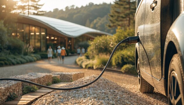 Autonomous electric shuttle bus charging at a station in a sunlit modern residential park