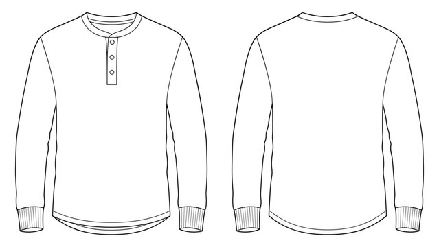 mens henley long sleeve t shirt with three buttons flat sketch vector illustration technical cad drawing template