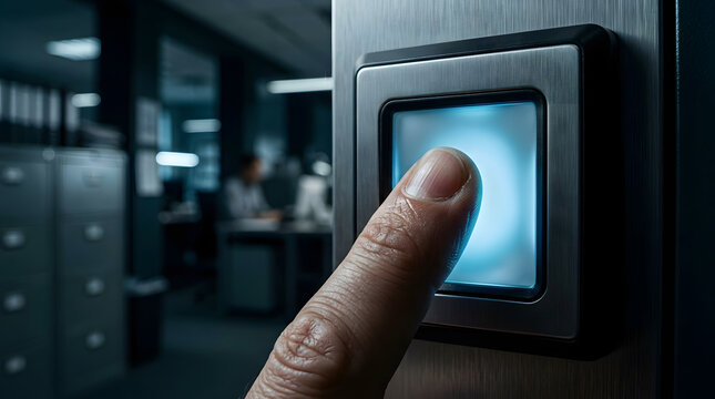 Hand pressing modern digital doorbell with illuminated blue button in office corridor